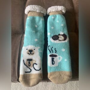 Cute Bear and Coffee Themed Fuzzy Socks with grippy dots